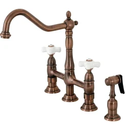 Kingston Brass KS127PXBSAC Heritage Bridge Kitchen Faucet with Brass Sprayer, Antique Copper