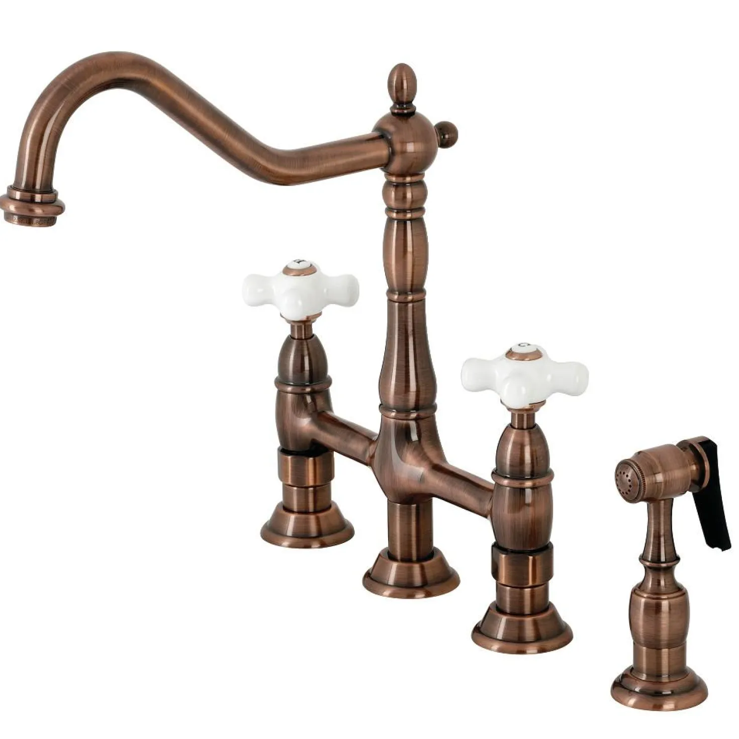 Kingston Brass KS127PXBSAC Heritage Bridge Kitchen Faucet with Brass Sprayer, Antique Copper