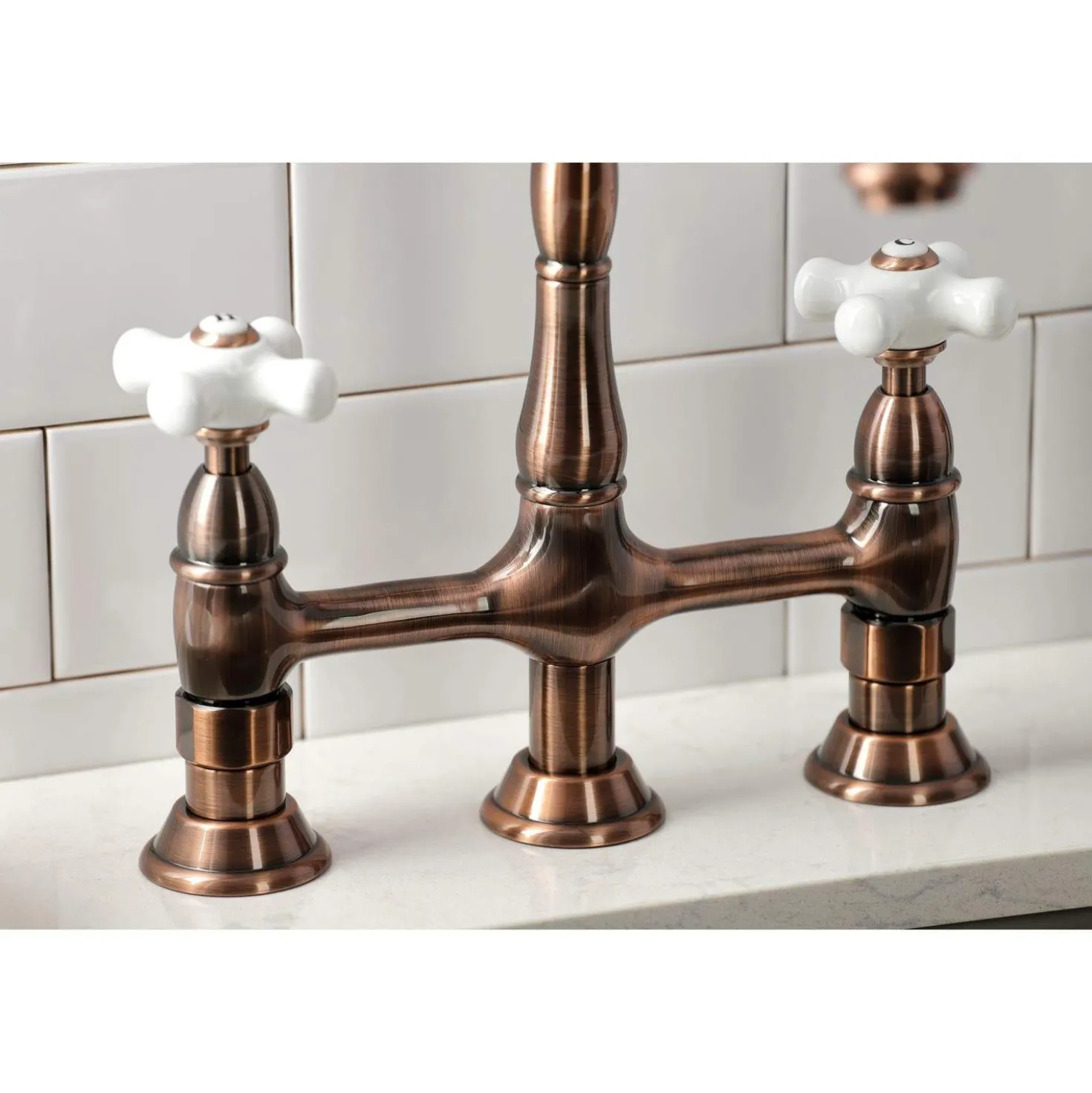 Kingston Brass KS127PXBSAC Heritage Bridge Kitchen Faucet with Brass Sprayer, Antique Copper