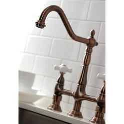 Kingston Brass KS127PXBSAC Heritage Bridge Kitchen Faucet with Brass Sprayer, Antique Copper