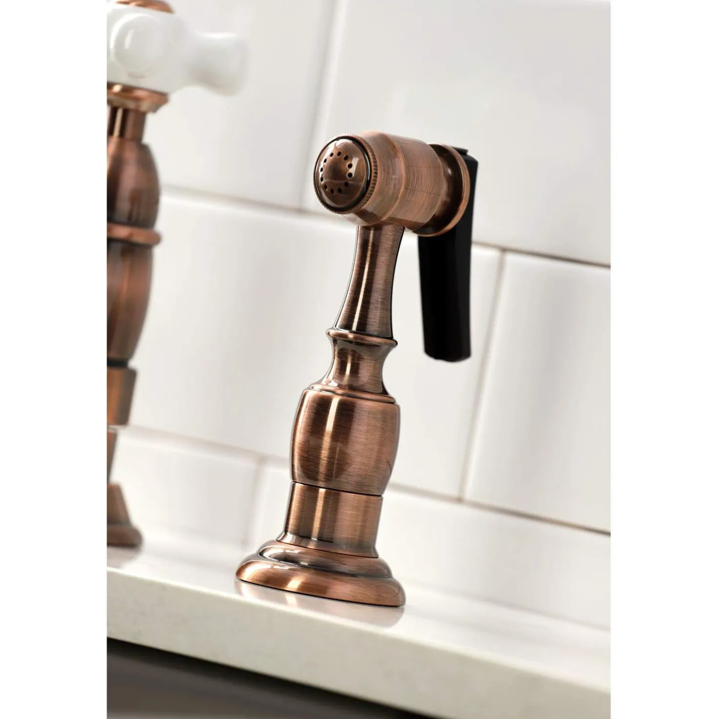 Kingston Brass KS127PXBSAC Heritage Bridge Kitchen Faucet with Brass Sprayer, Antique Copper