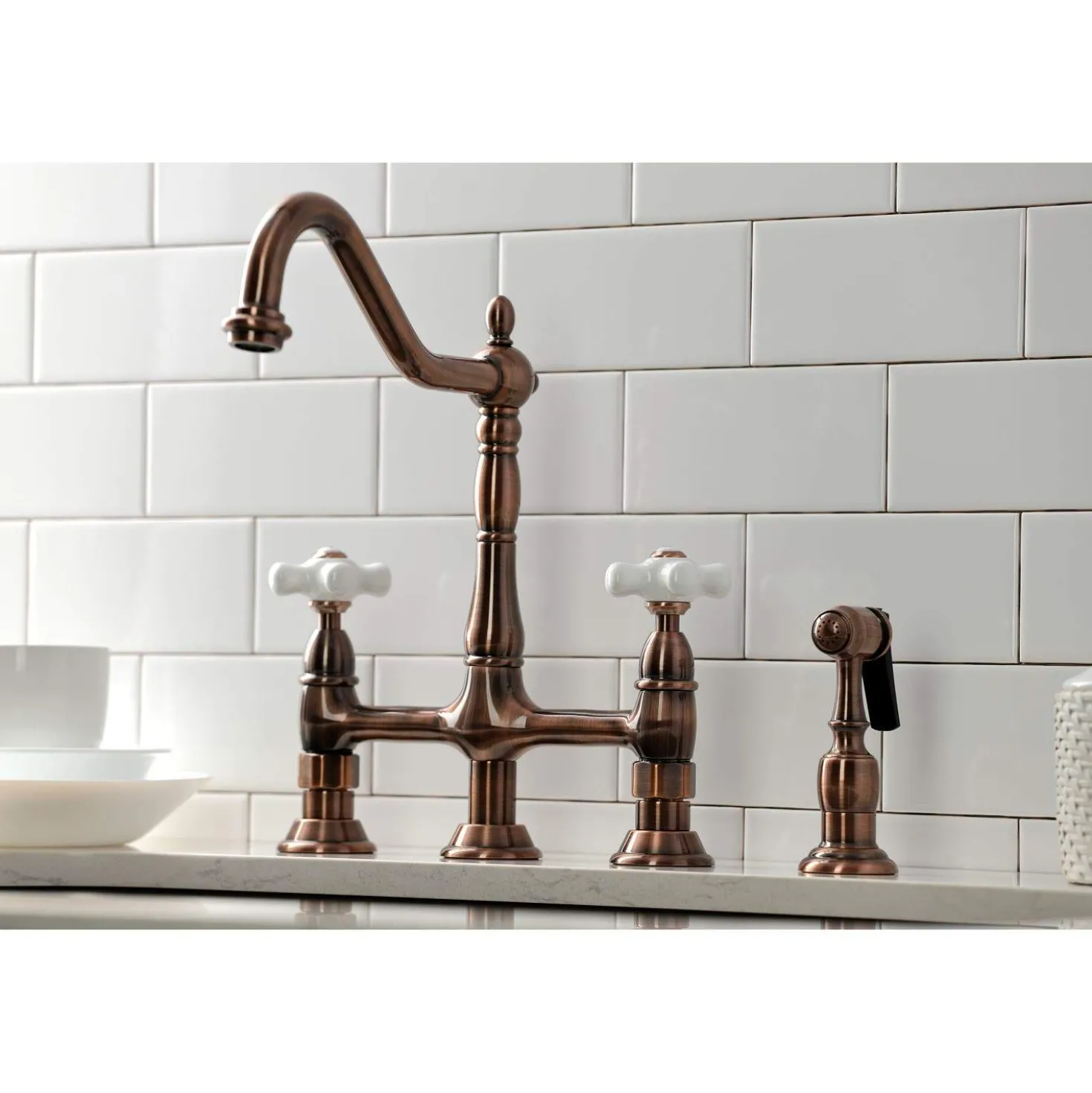 Kingston Brass KS127PXBSAC Heritage Bridge Kitchen Faucet with Brass Sprayer, Antique Copper