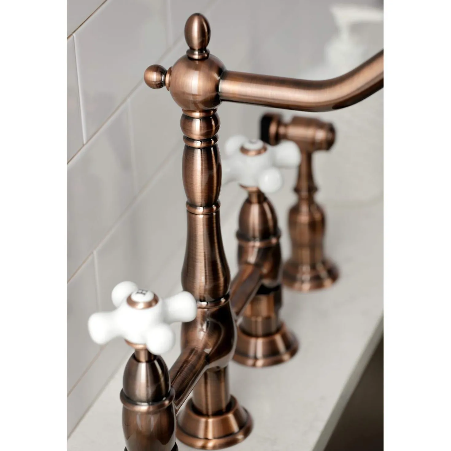 Kingston Brass KS127PXBSAC Heritage Bridge Kitchen Faucet with Brass Sprayer, Antique Copper