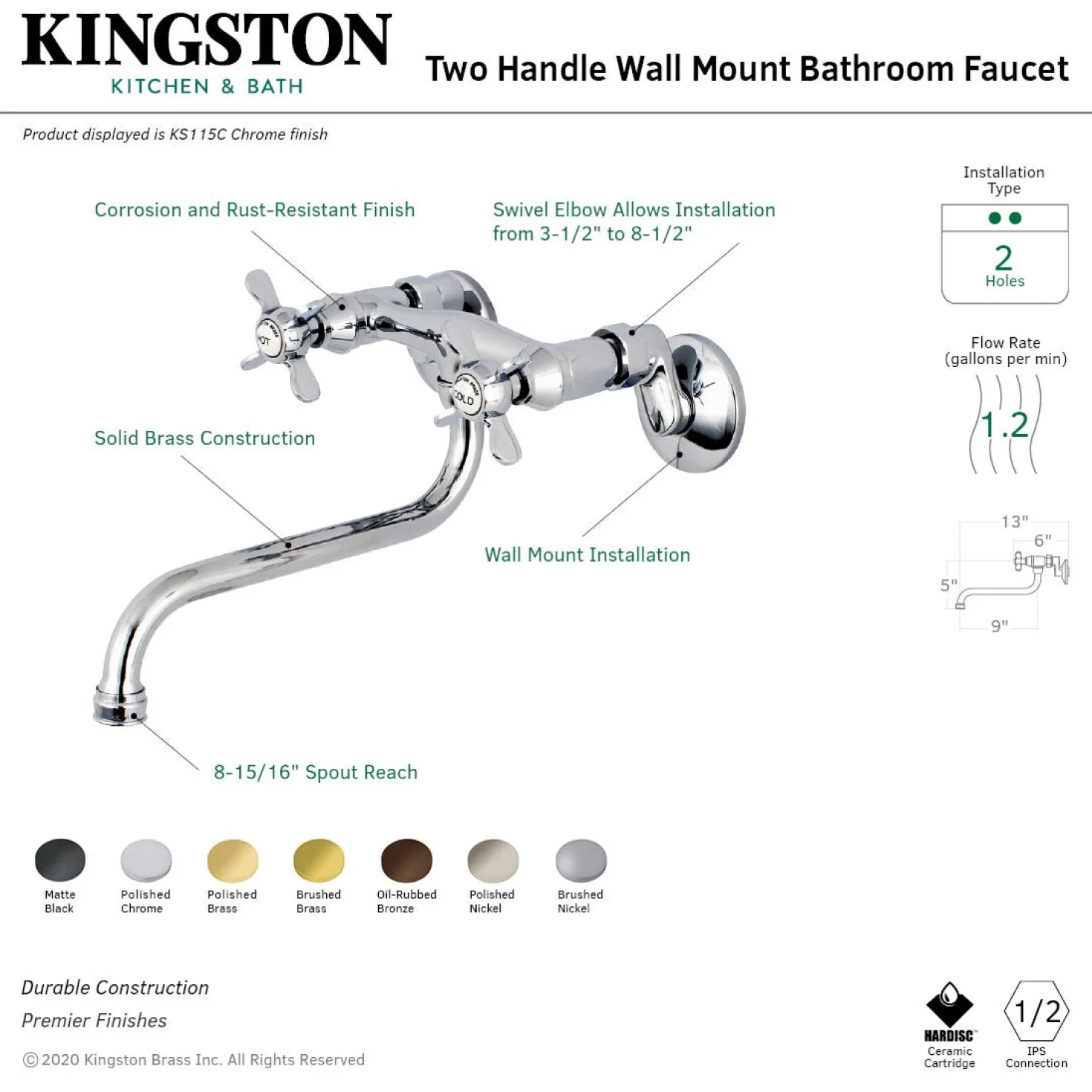 Kingston Brass KS115X-P Essex Two Handle Wall Mount Bathroom Faucet