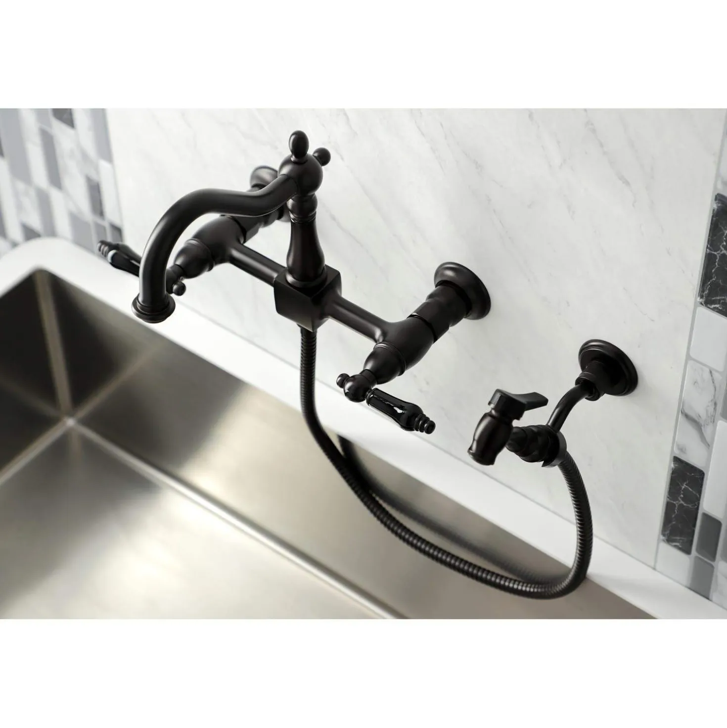 Kingston Brass KS126XPKLBS-P Duchess Wall Mount Bridge Kitchen Faucet with Brass Sprayer