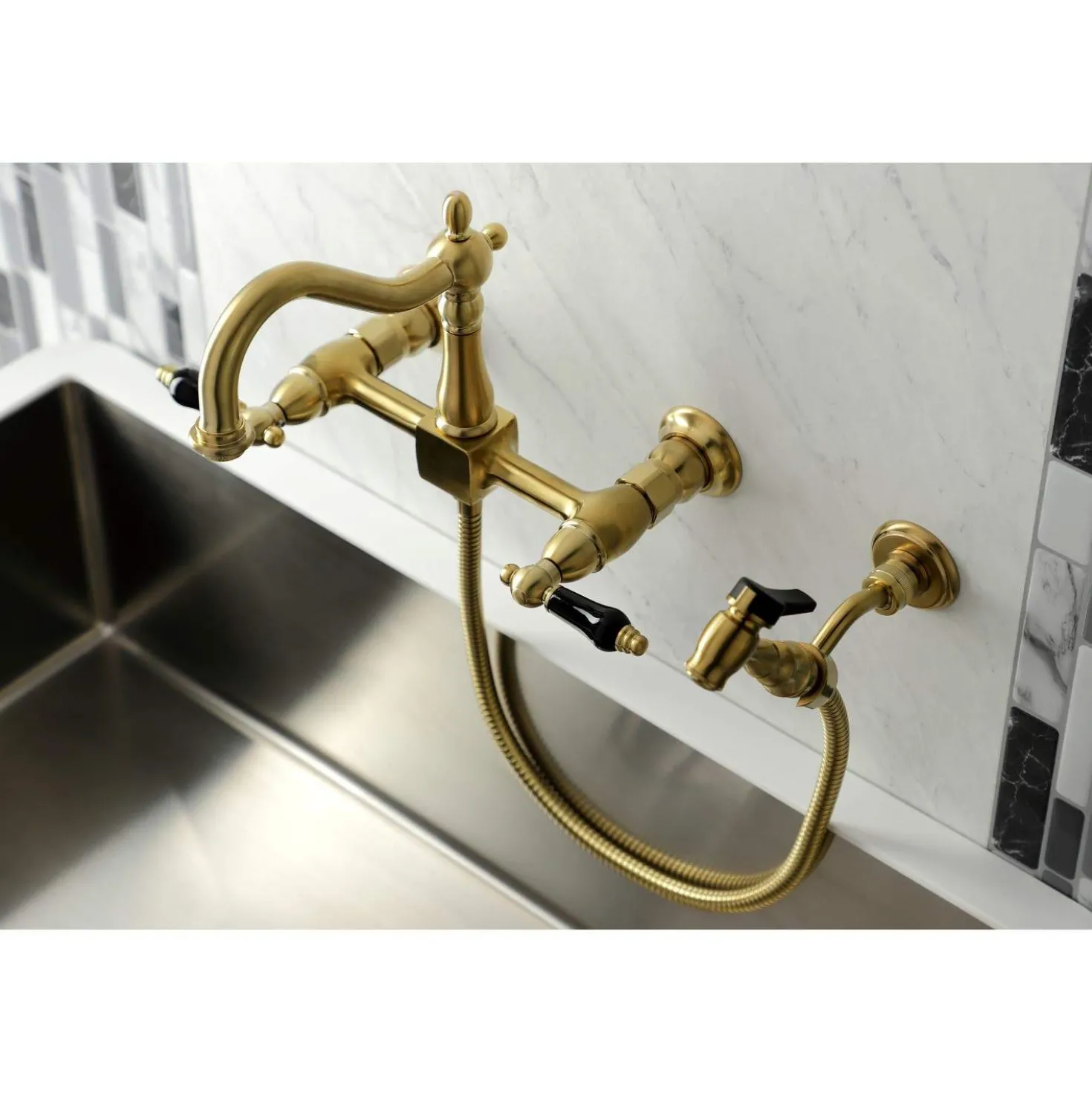Kingston Brass KS126XPKLBS-P Duchess Wall Mount Bridge Kitchen Faucet with Brass Sprayer