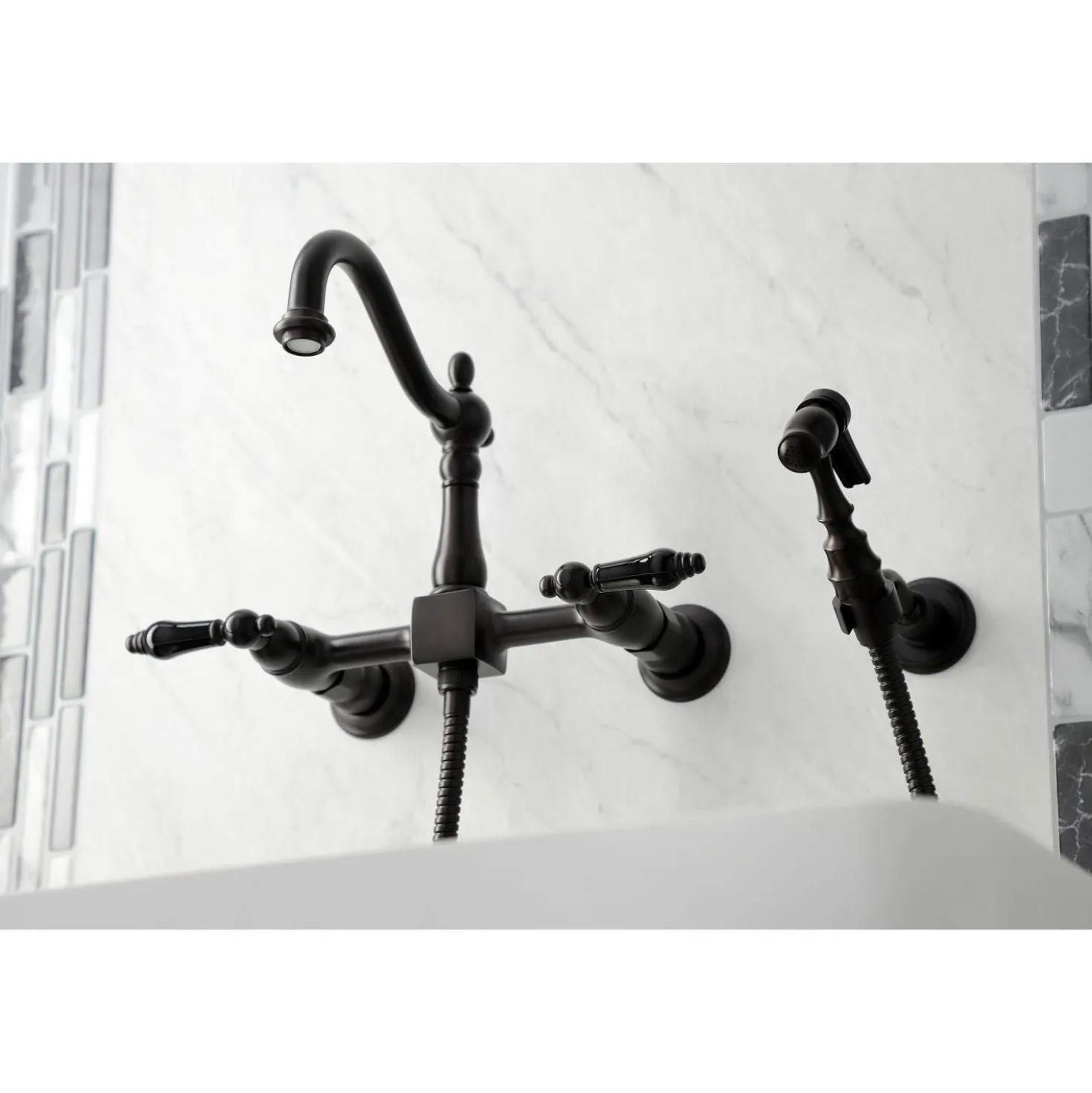 Kingston Brass KS126XPKLBS-P Duchess Wall Mount Bridge Kitchen Faucet with Brass Sprayer