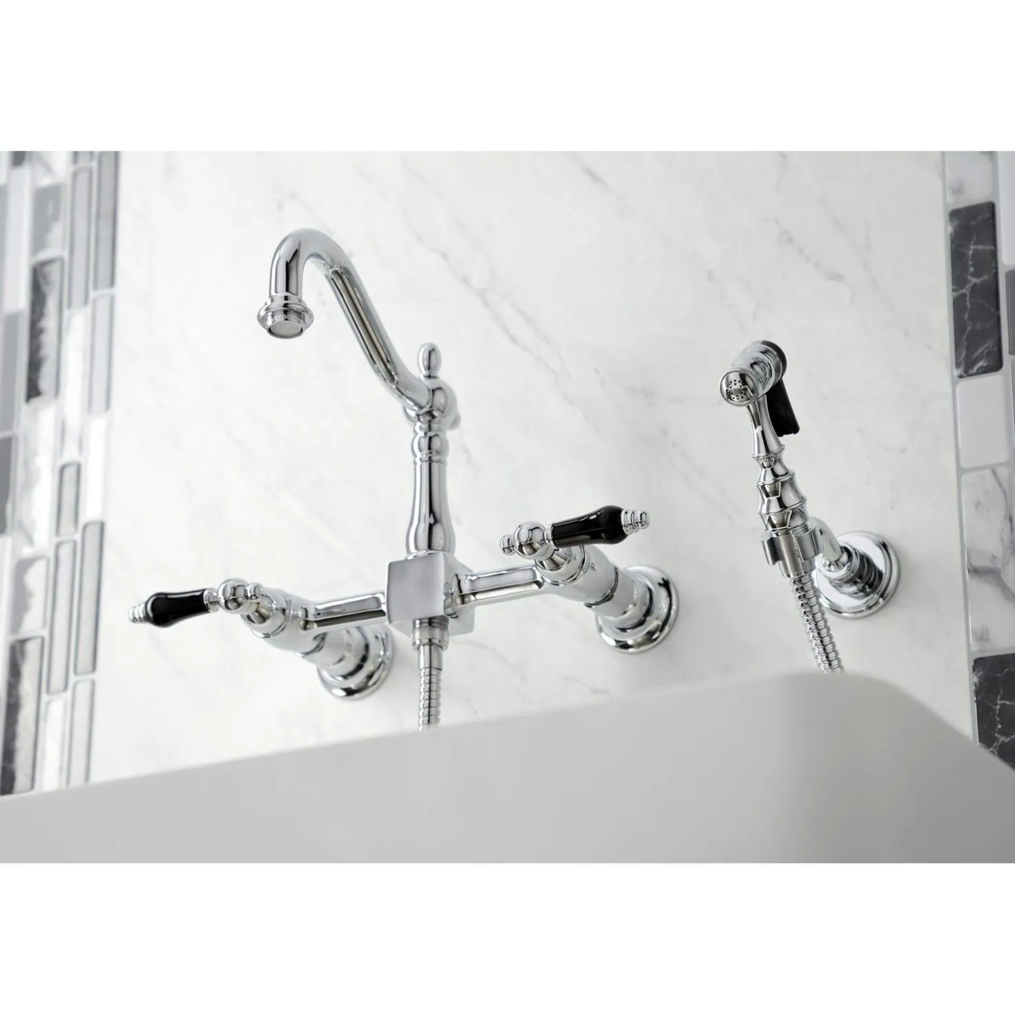 Kingston Brass KS126XPKLBS-P Duchess Wall Mount Bridge Kitchen Faucet with Brass Sprayer