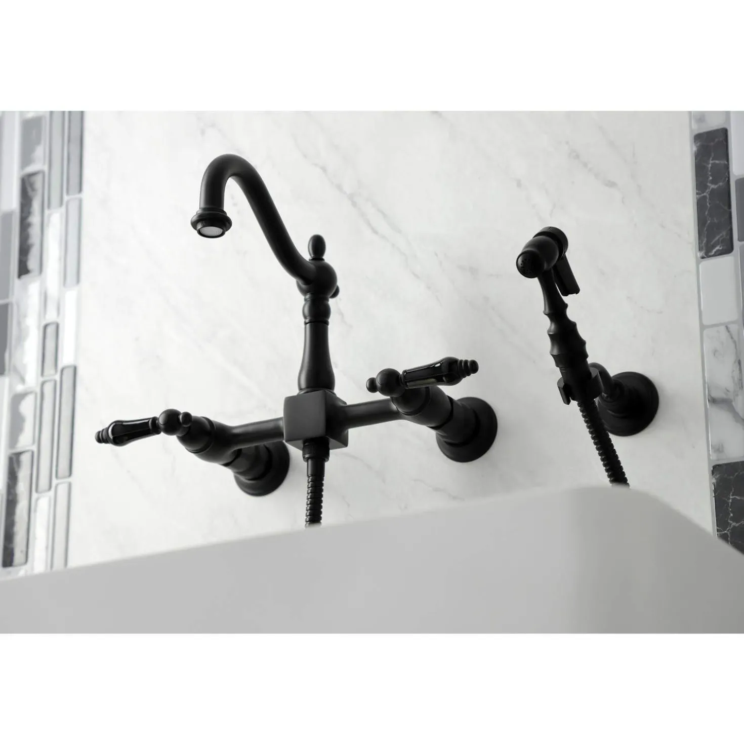 Kingston Brass KS126XPKLBS-P Duchess Wall Mount Bridge Kitchen Faucet with Brass Sprayer