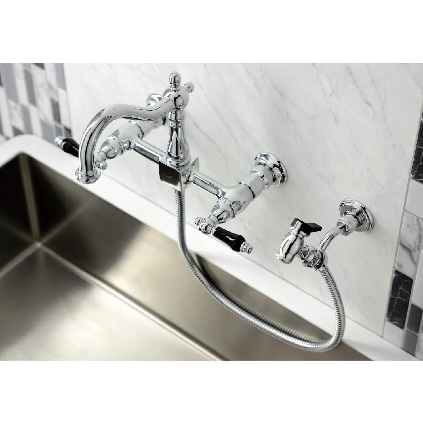 Kingston Brass KS126XPKLBS-P Duchess Wall Mount Bridge Kitchen Faucet with Brass Sprayer
