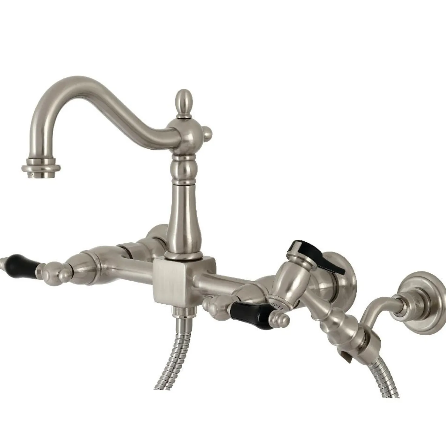 Kingston Brass KS126XPKLBS-P Duchess Wall Mount Bridge Kitchen Faucet with Brass Sprayer
