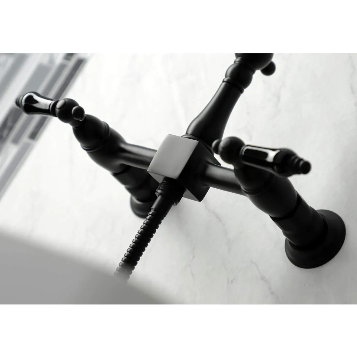 Kingston Brass KS126XPKLBS-P Duchess Wall Mount Bridge Kitchen Faucet with Brass Sprayer