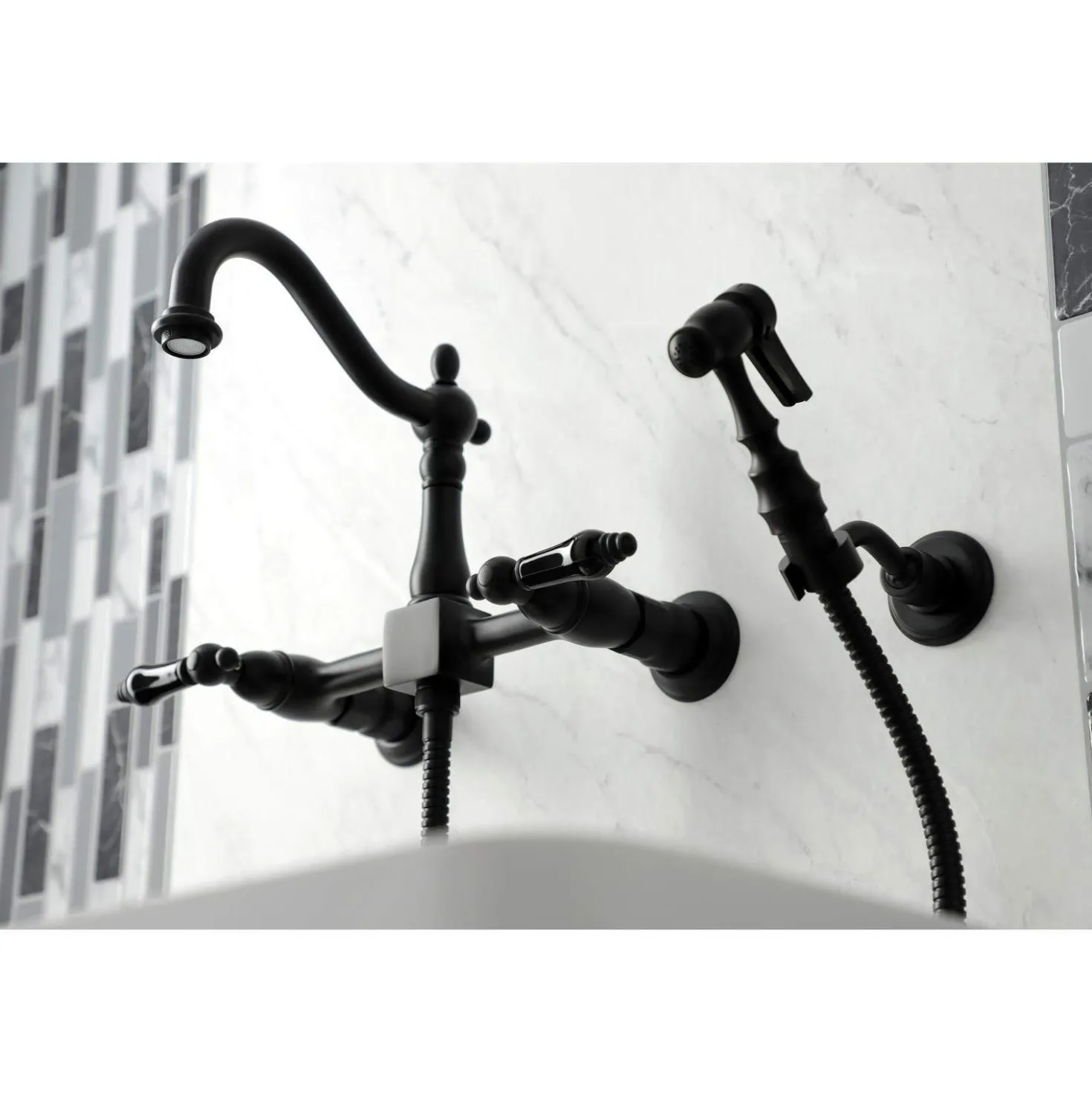 Kingston Brass KS126XPKLBS-P Duchess Wall Mount Bridge Kitchen Faucet with Brass Sprayer