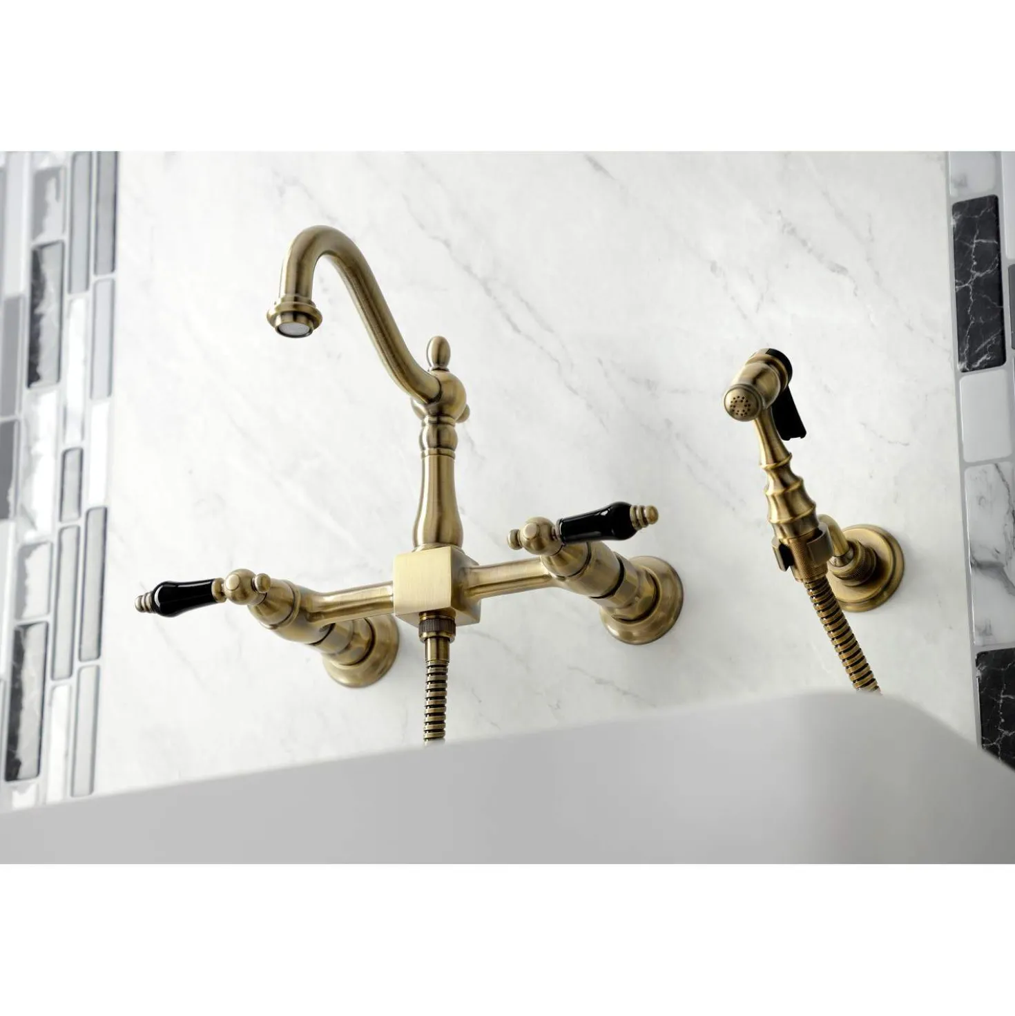 Kingston Brass KS126XPKLBS-P Duchess Wall Mount Bridge Kitchen Faucet with Brass Sprayer