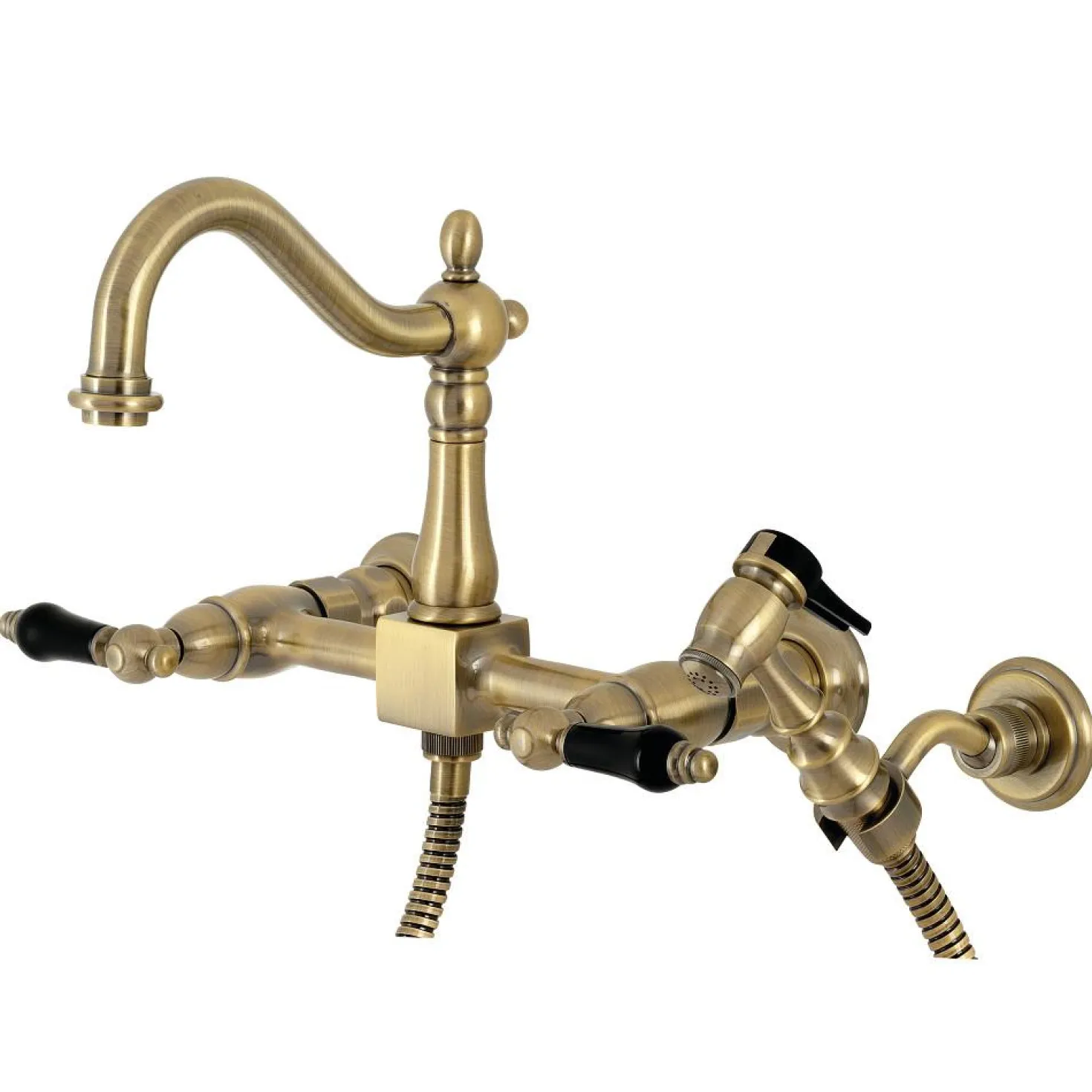 Kingston Brass KS126XPKLBS-P Duchess Wall Mount Bridge Kitchen Faucet with Brass Sprayer