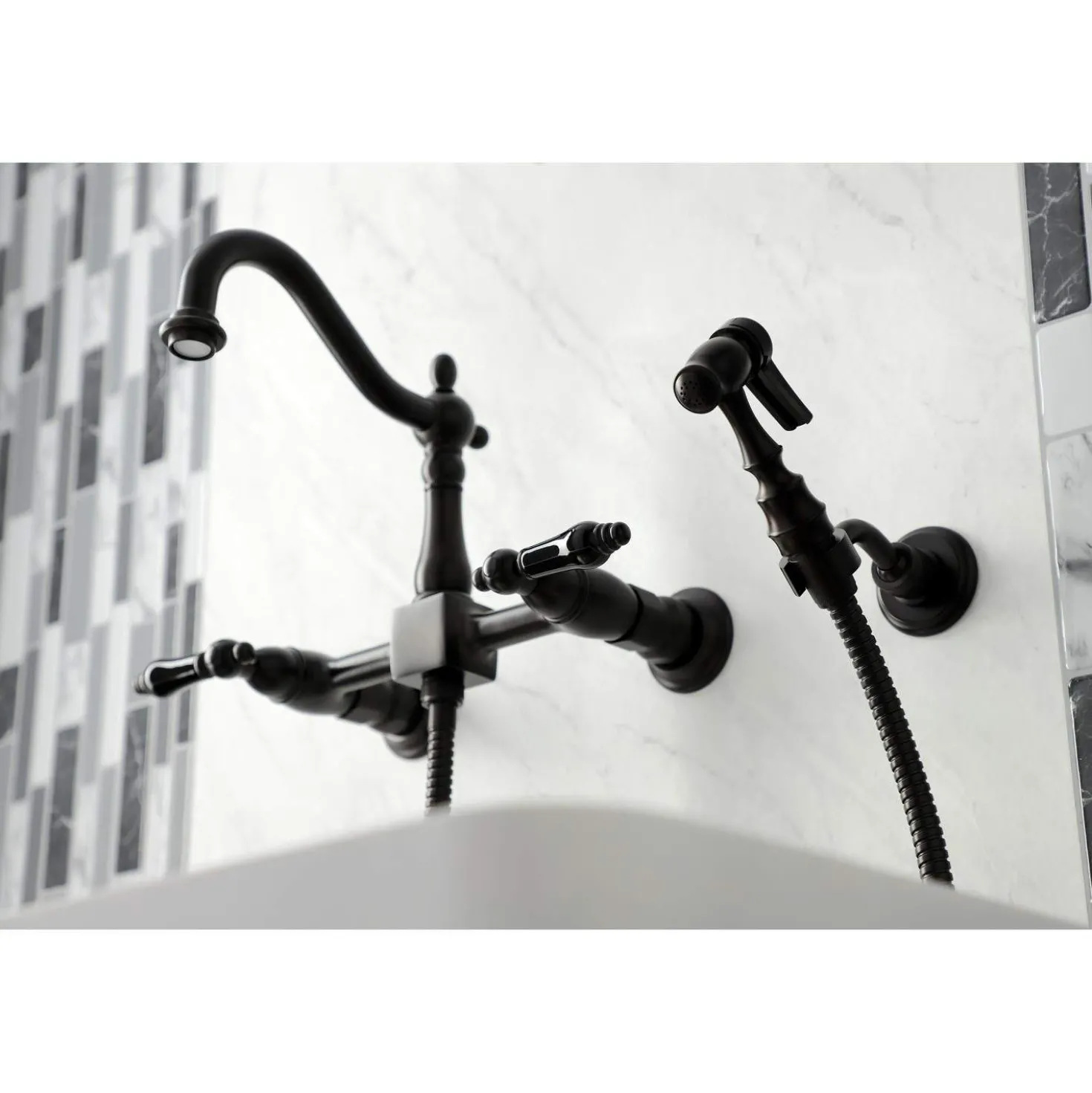 Kingston Brass KS126XPKLBS-P Duchess Wall Mount Bridge Kitchen Faucet with Brass Sprayer