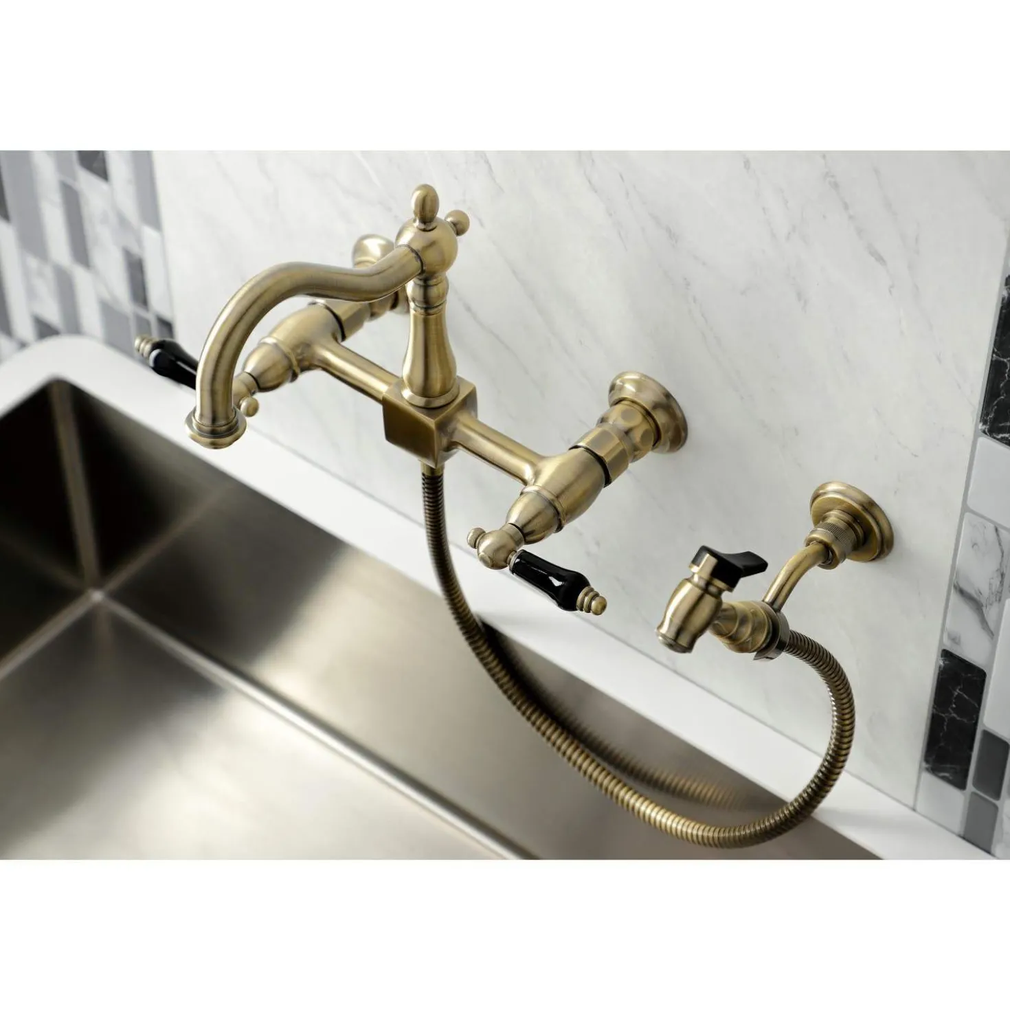 Kingston Brass KS126XPKLBS-P Duchess Wall Mount Bridge Kitchen Faucet with Brass Sprayer
