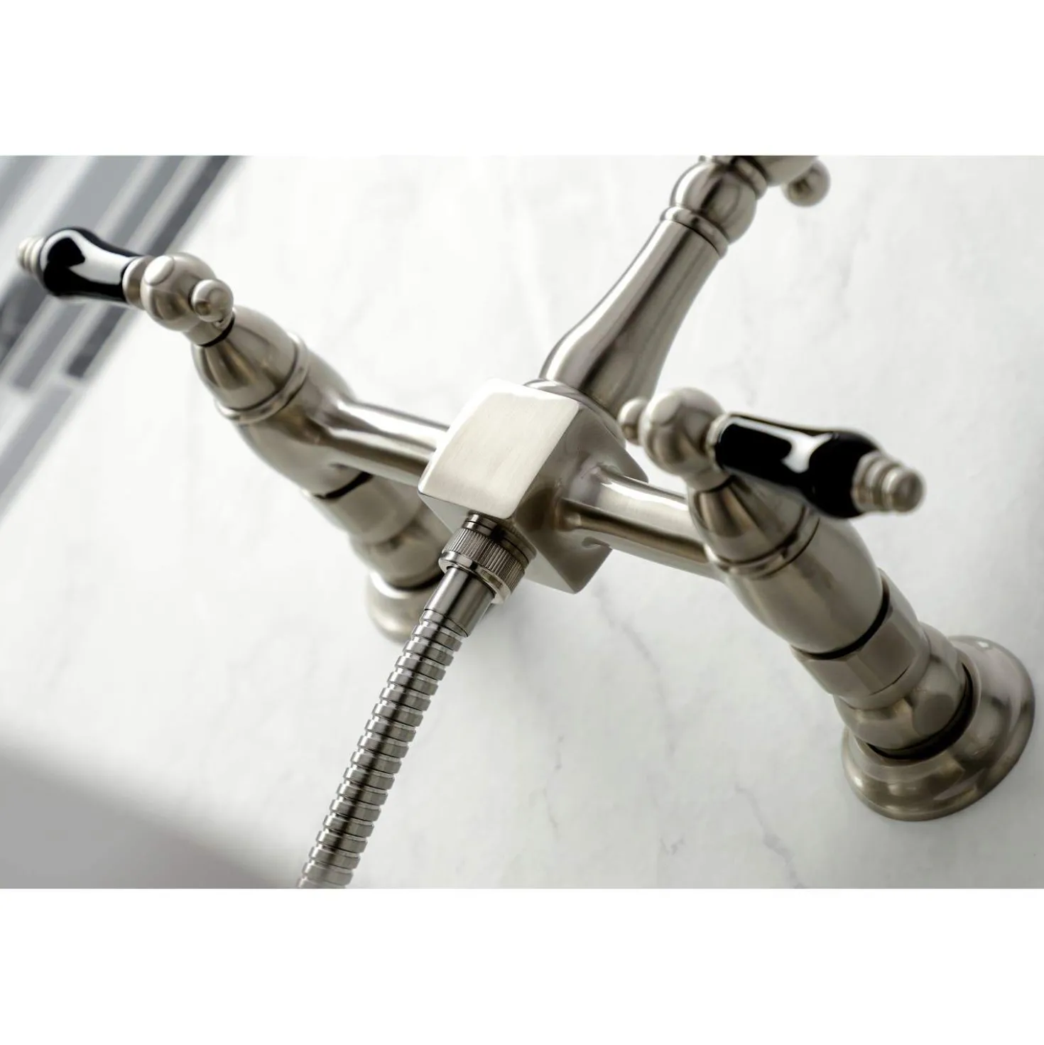 Kingston Brass KS126XPKLBS-P Duchess Wall Mount Bridge Kitchen Faucet with Brass Sprayer