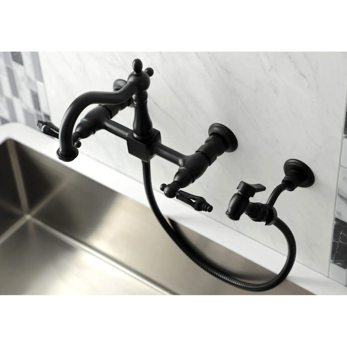 Kingston Brass KS126XPKLBS-P Duchess Wall Mount Bridge Kitchen Faucet with Brass Sprayer