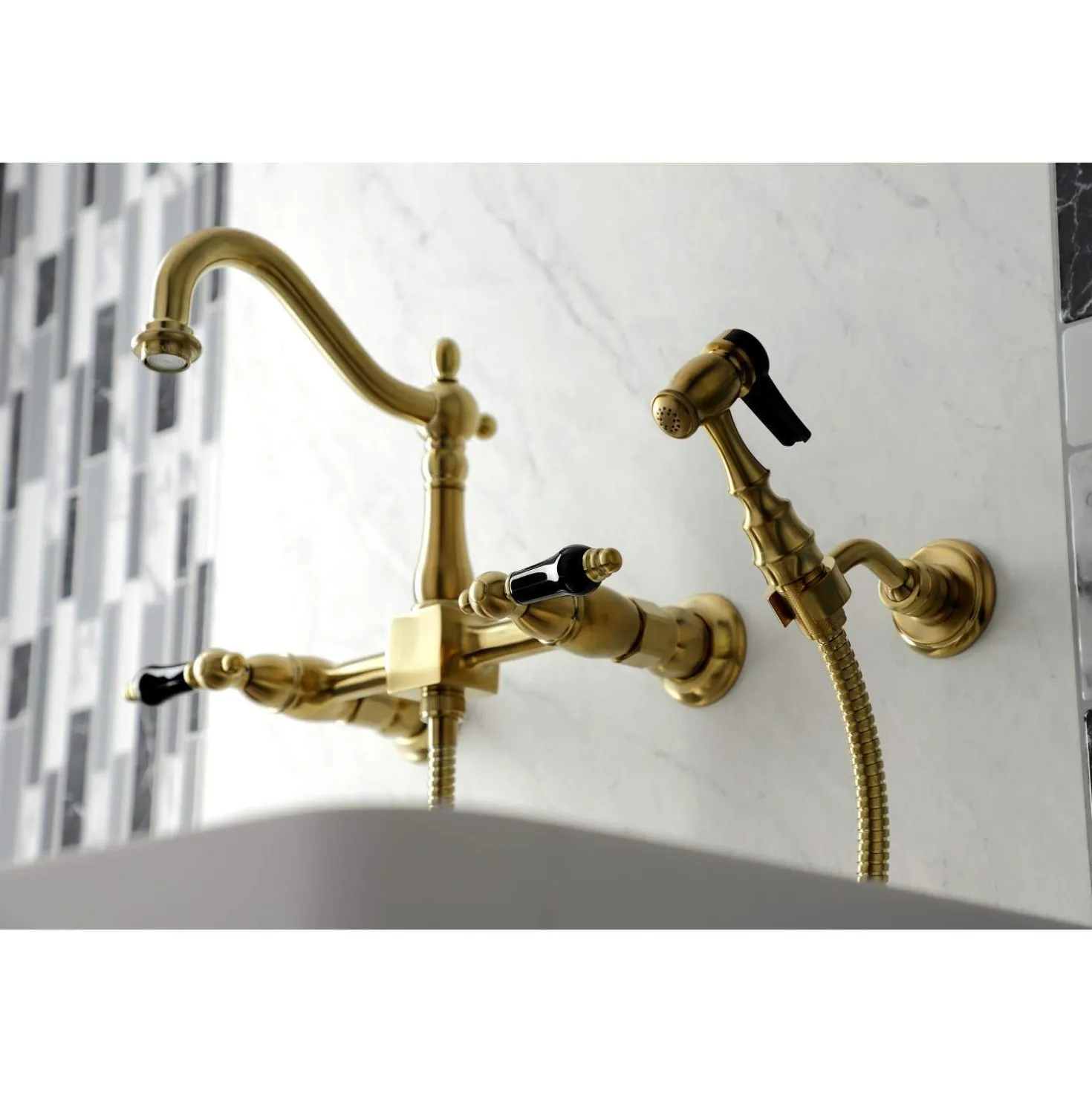 Kingston Brass KS126XPKLBS-P Duchess Wall Mount Bridge Kitchen Faucet with Brass Sprayer