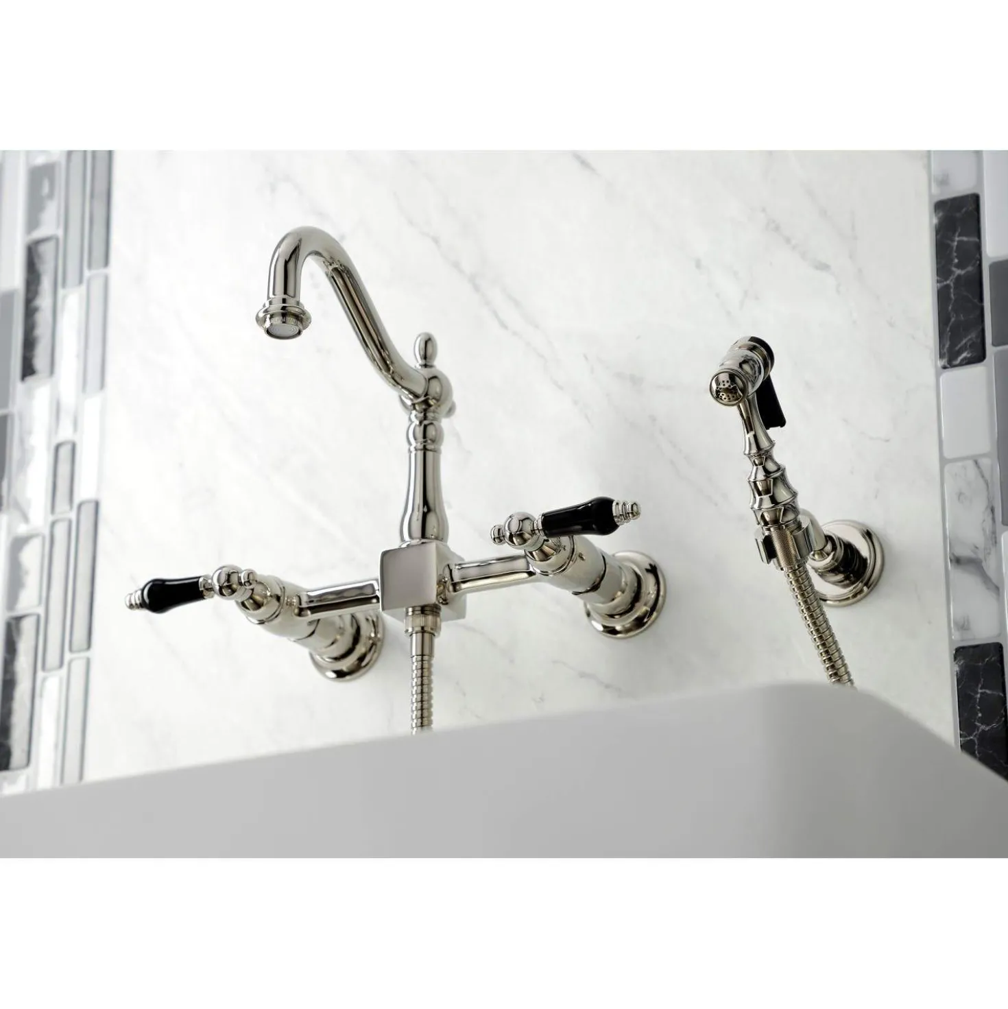 Kingston Brass KS126XPKLBS-P Duchess Wall Mount Bridge Kitchen Faucet with Brass Sprayer