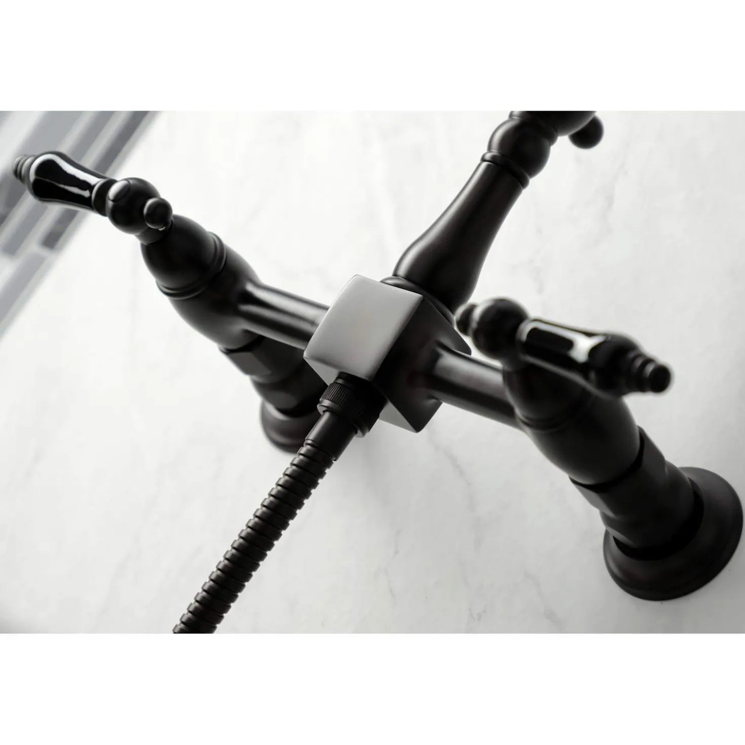Kingston Brass KS126XPKLBS-P Duchess Wall Mount Bridge Kitchen Faucet with Brass Sprayer