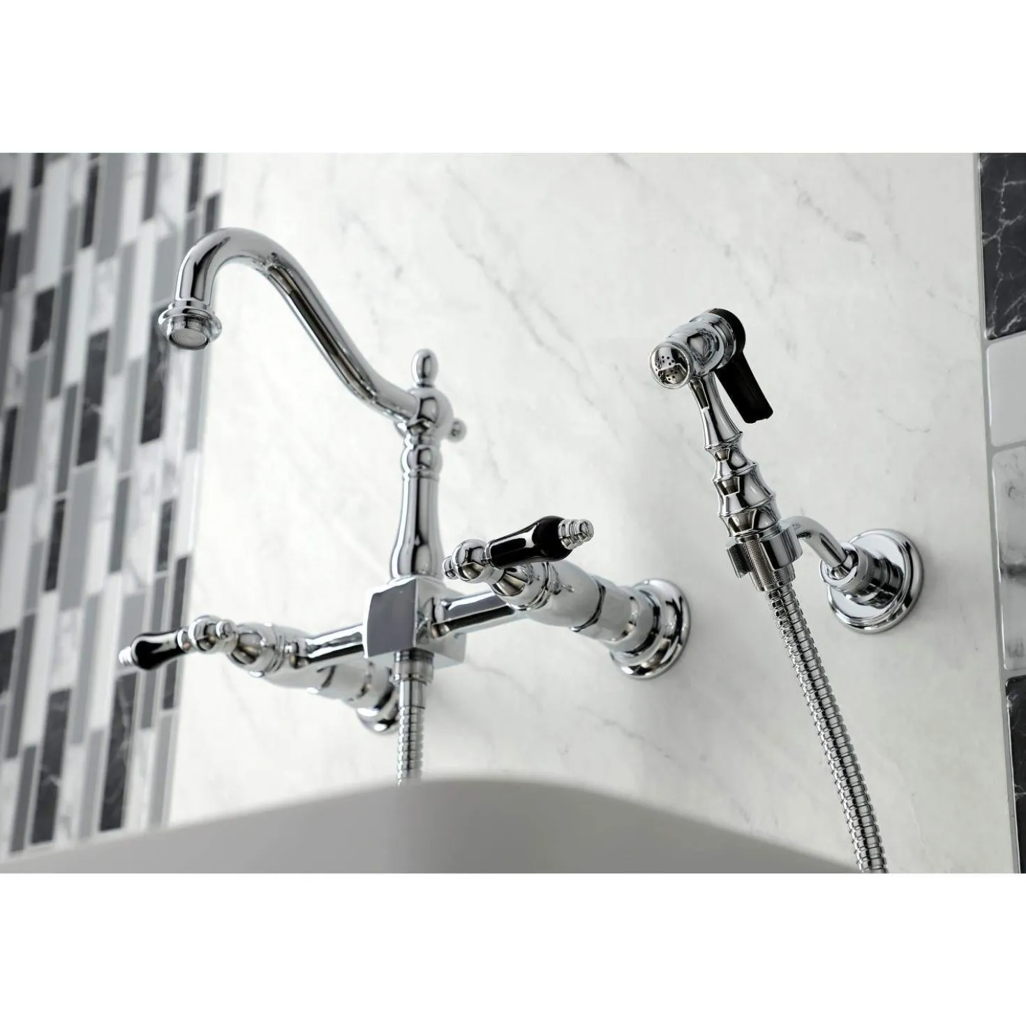 Kingston Brass KS126XPKLBS-P Duchess Wall Mount Bridge Kitchen Faucet with Brass Sprayer