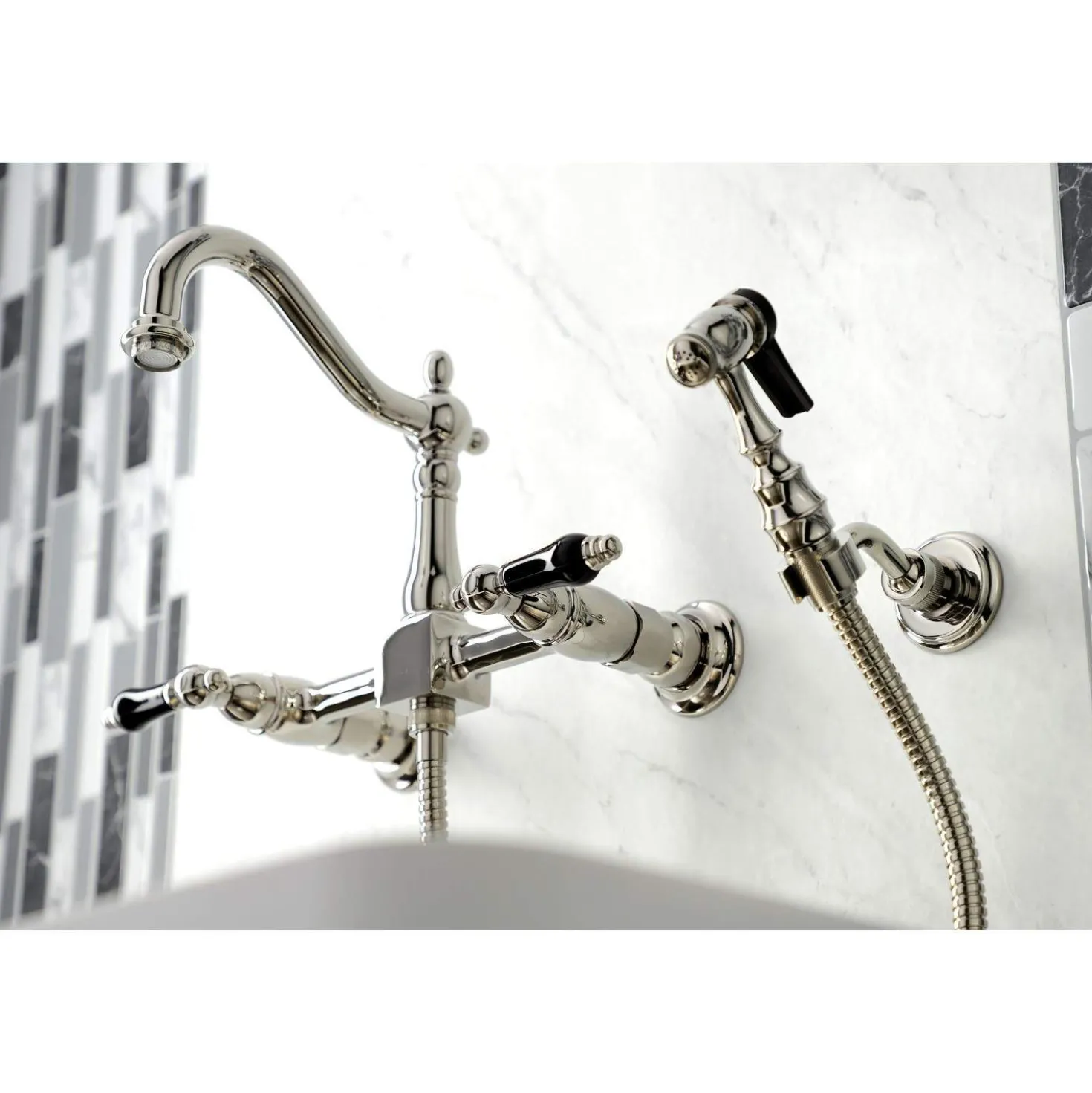Kingston Brass KS126XPKLBS-P Duchess Wall Mount Bridge Kitchen Faucet with Brass Sprayer