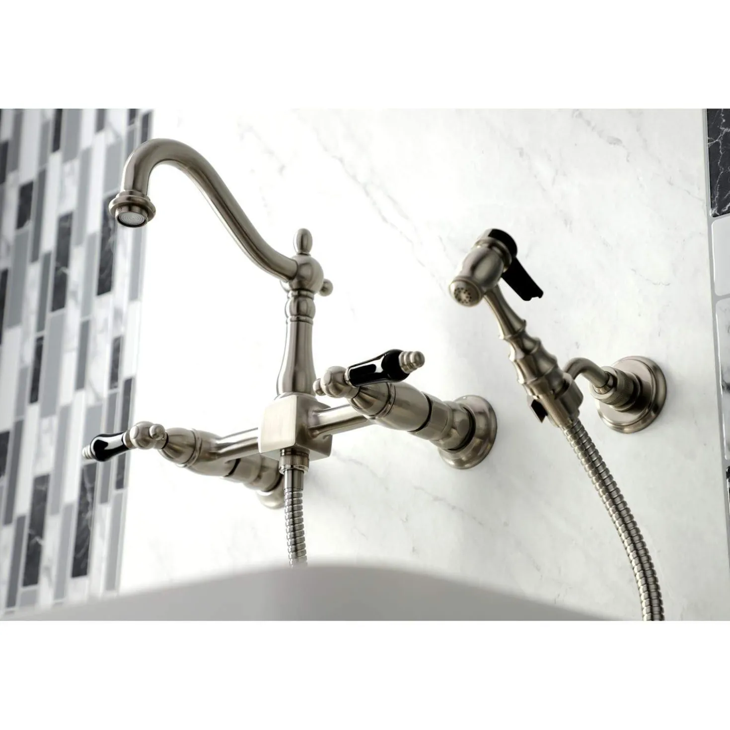 Kingston Brass KS126XPKLBS-P Duchess Wall Mount Bridge Kitchen Faucet with Brass Sprayer
