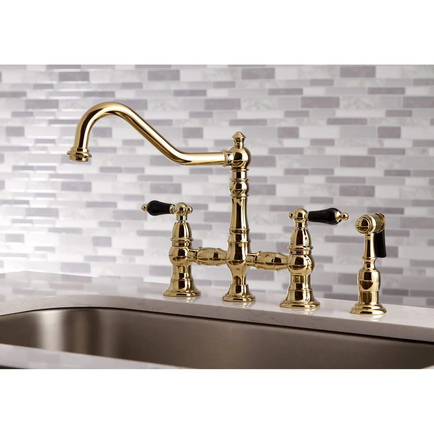 Kingston Brass KS327XPKLBS-P Duchess Bridge Kitchen Faucet with Brass Sprayer