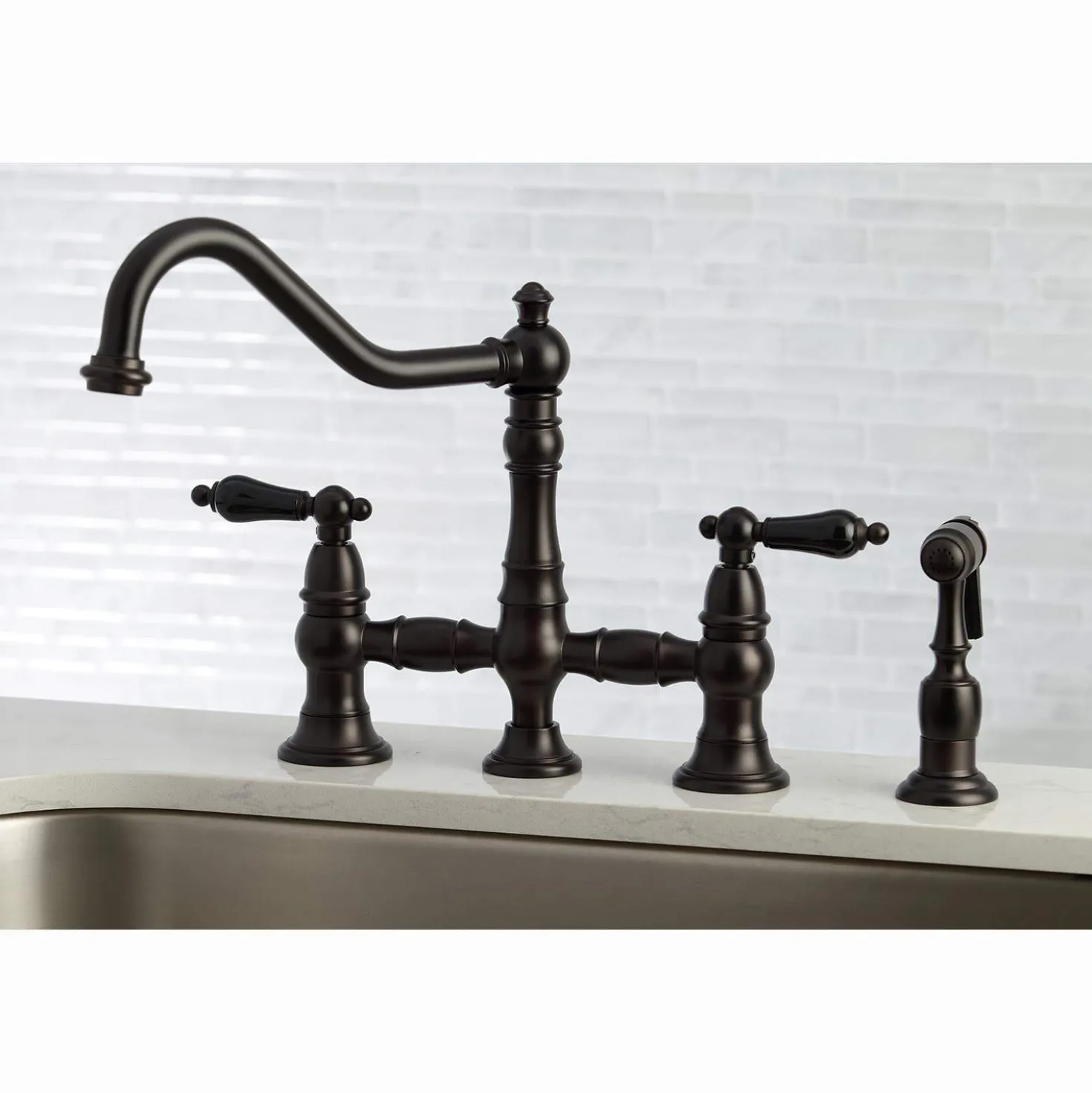 Kingston Brass KS327XPKLBS-P Duchess Bridge Kitchen Faucet with Brass Sprayer