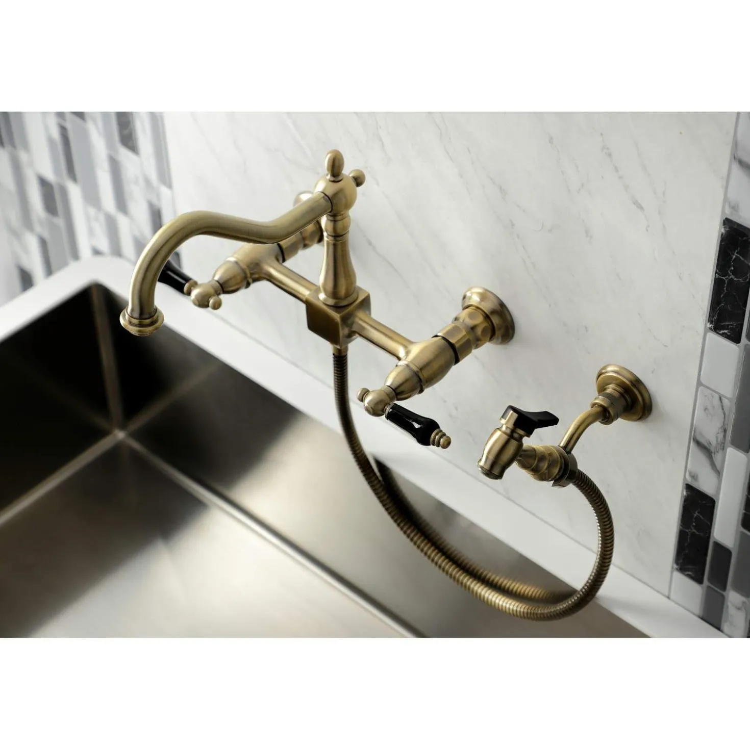 Kingston Brass KS124XPKLBS-P Duchess Two-Handle Wall Mount Bridge Kitchen Faucet with Brass Sprayer