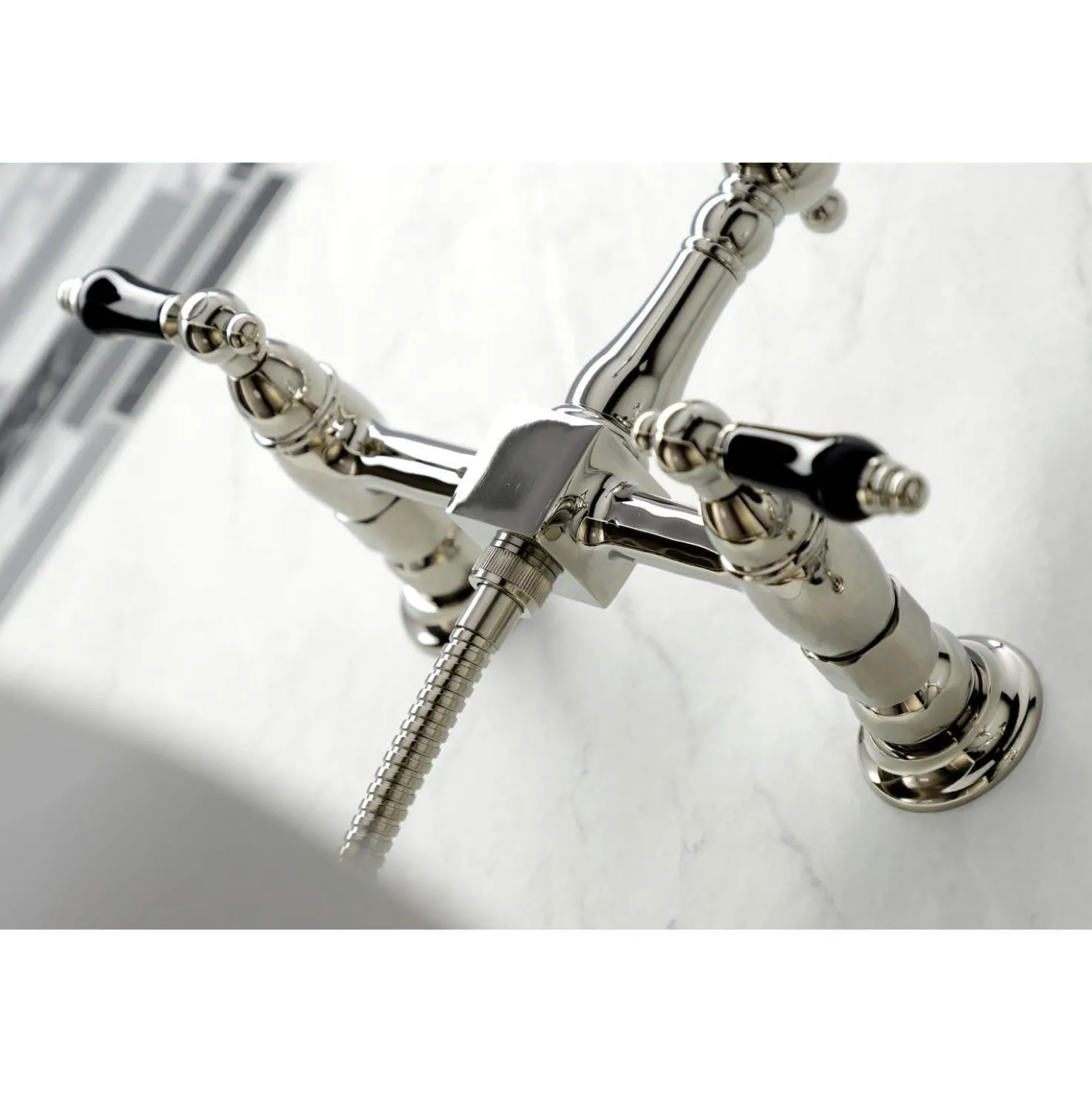 Kingston Brass KS124XPKLBS-P Duchess Two-Handle Wall Mount Bridge Kitchen Faucet with Brass Sprayer