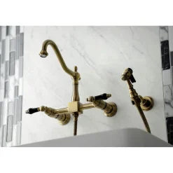 Kingston Brass KS124XPKLBS-P Duchess Two-Handle Wall Mount Bridge Kitchen Faucet with Brass Sprayer