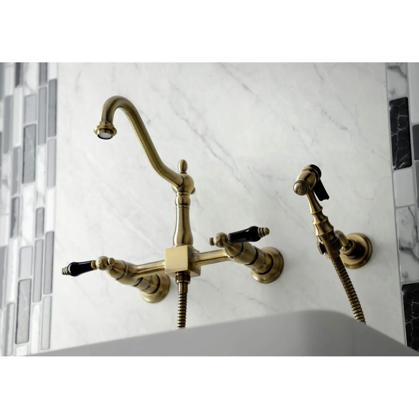 Kingston Brass KS124XPKLBS-P Duchess Two-Handle Wall Mount Bridge Kitchen Faucet with Brass Sprayer