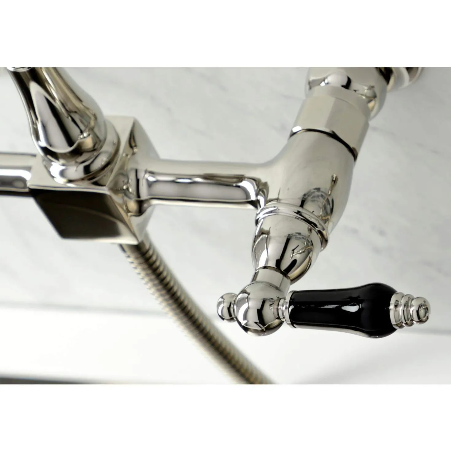 Kingston Brass KS124XPKLBS-P Duchess Two-Handle Wall Mount Bridge Kitchen Faucet with Brass Sprayer