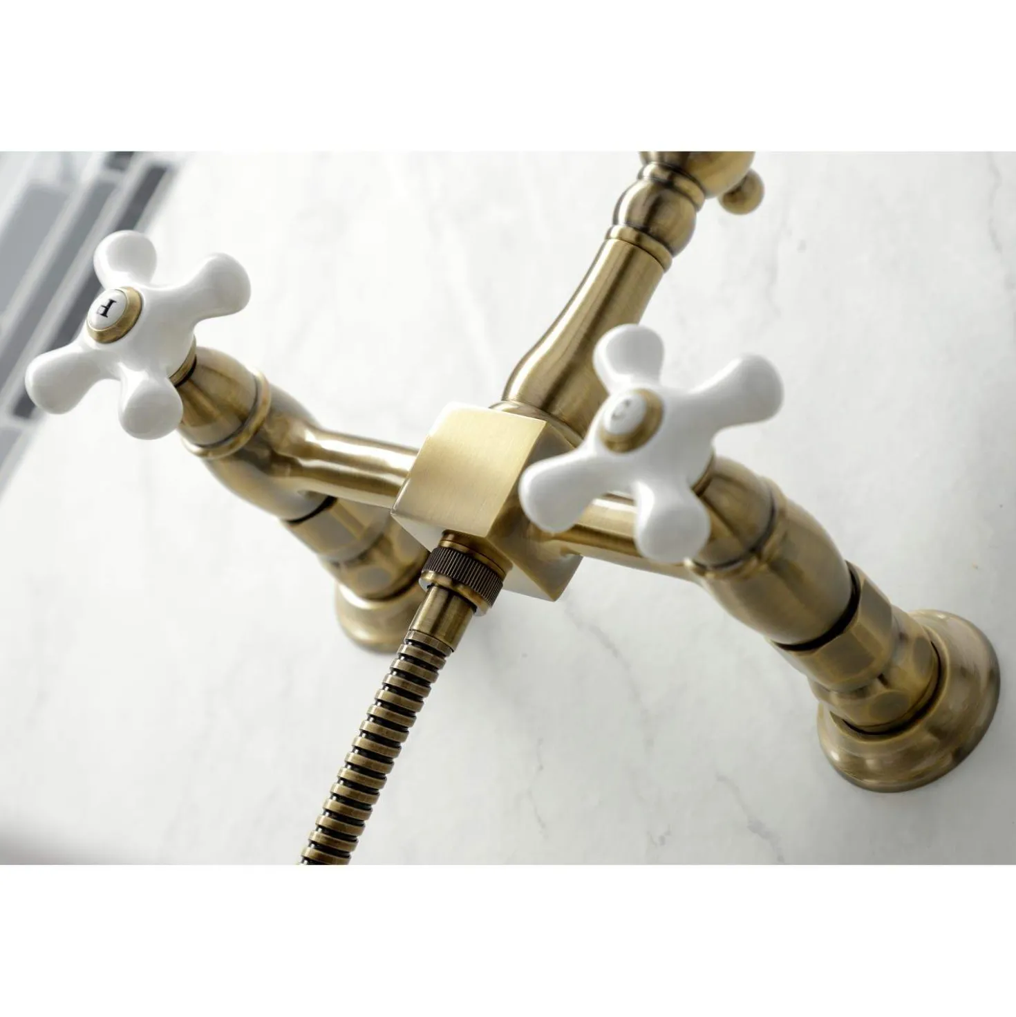 Kingston Brass KS124XPXBS-P Heritage Two-Handle Wall Mount Bridge Kitchen Faucet with Brass Sprayer
