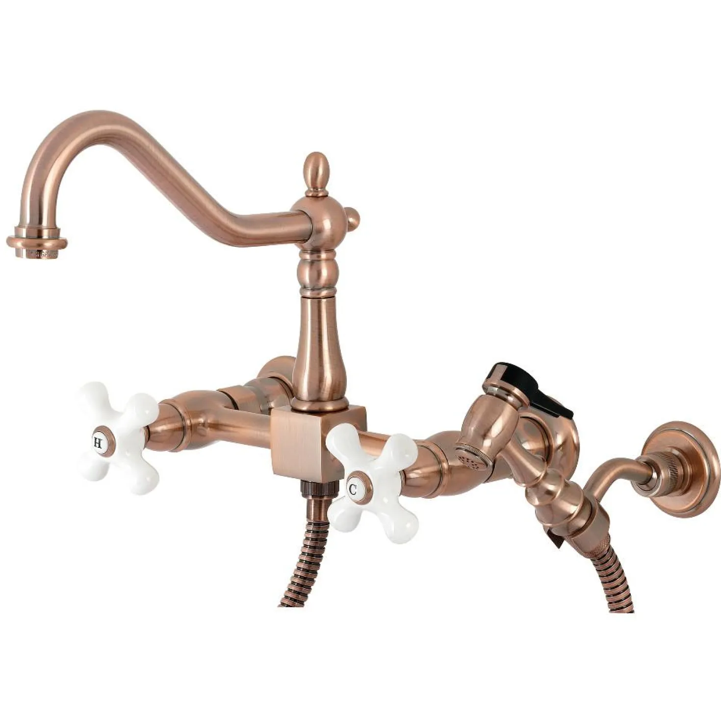 Kingston Brass KS124XPXBS-P Heritage Two-Handle Wall Mount Bridge Kitchen Faucet with Brass Sprayer