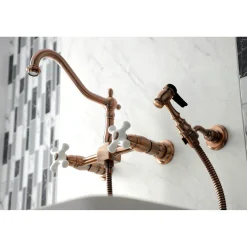 Kingston Brass KS124XPXBS-P Heritage Two-Handle Wall Mount Bridge Kitchen Faucet with Brass Sprayer