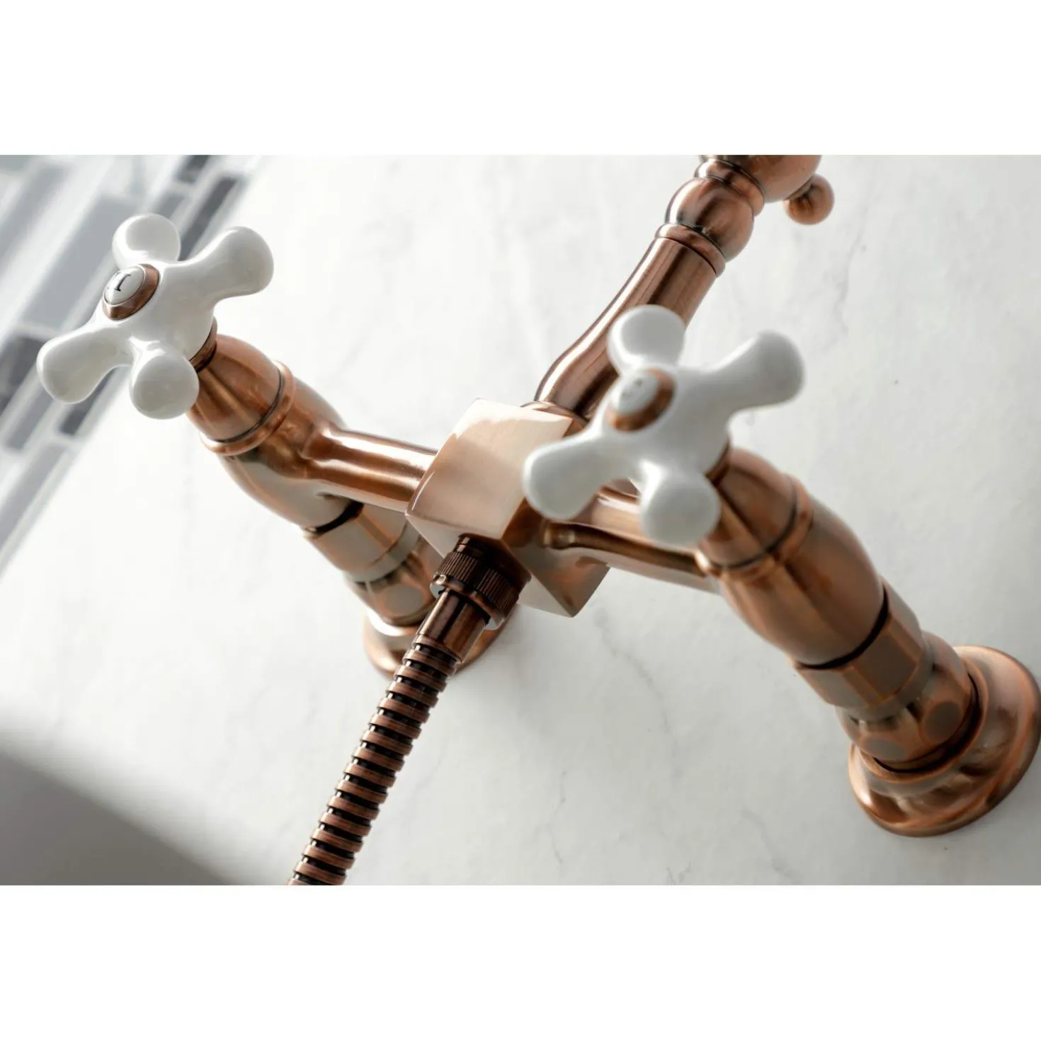 Kingston Brass KS124XPXBS-P Heritage Two-Handle Wall Mount Bridge Kitchen Faucet with Brass Sprayer