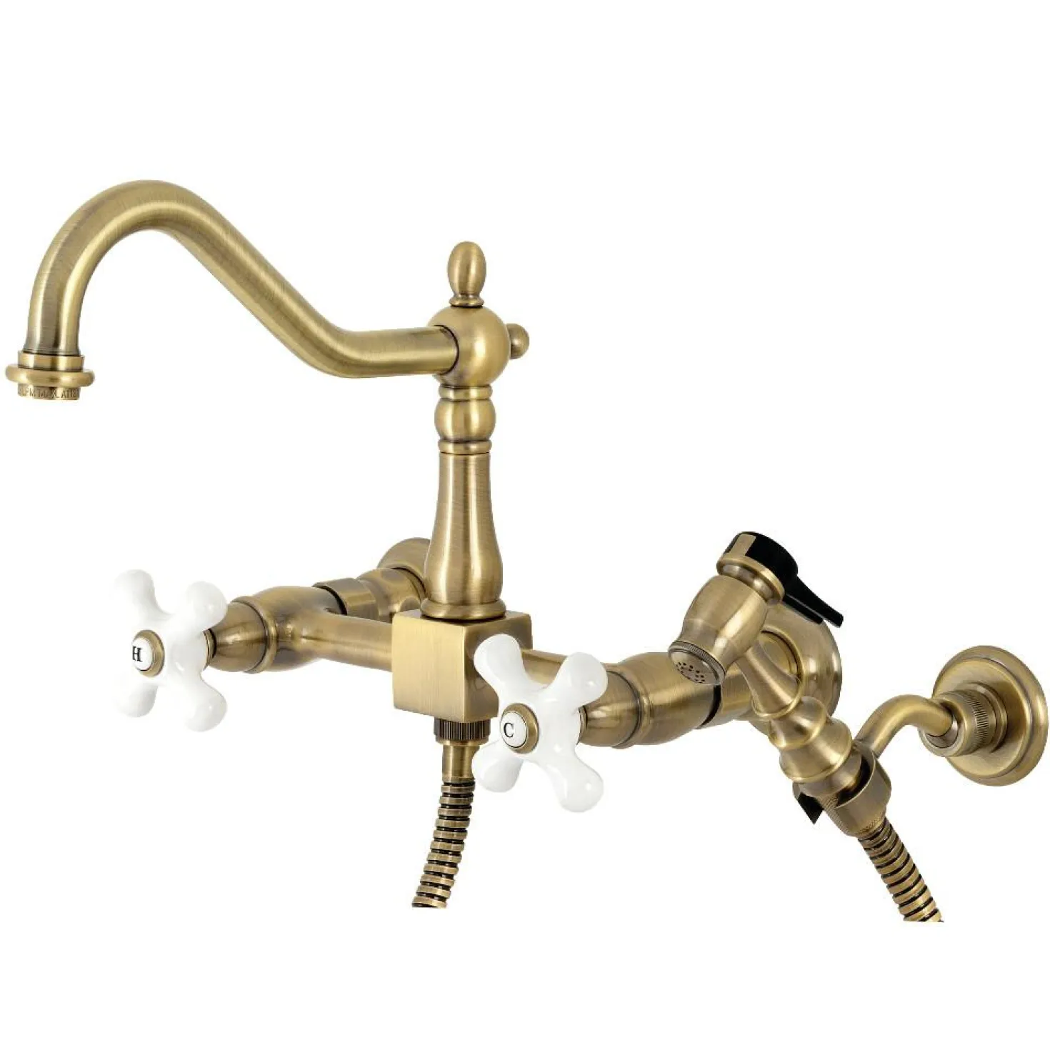 Kingston Brass KS124XPXBS-P Heritage Two-Handle Wall Mount Bridge Kitchen Faucet with Brass Sprayer