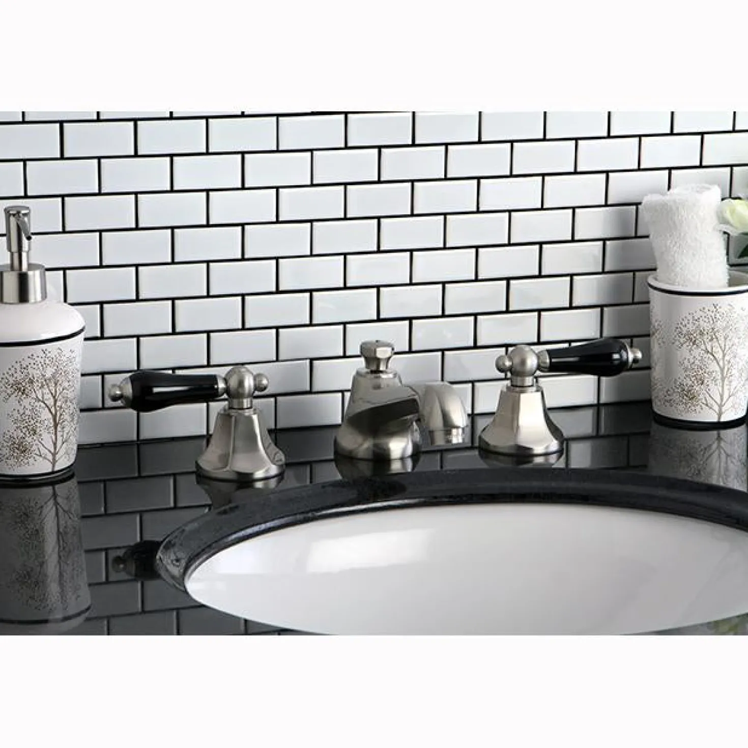 Kingston Brass Metropolitan Onyx Widespread Lavatory Faucet with Black Porcelain Lever Handle