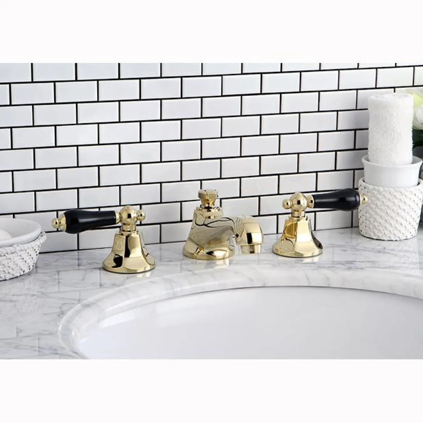 Kingston Brass Metropolitan Onyx Widespread Lavatory Faucet with Black Porcelain Lever Handle
