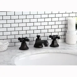 Kingston Brass Metropolitan Onyx Widespread Lavatory Faucet with Black Porcelain Cross Handle