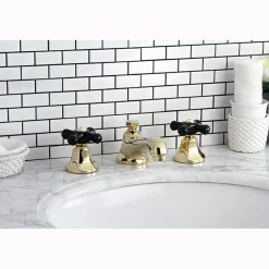 Kingston Brass Metropolitan Onyx Widespread Lavatory Faucet with Black Porcelain Cross Handle
