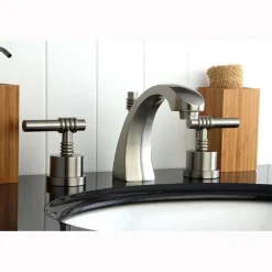 Kingston Brass Milano Two Handle Deck Mount 8" to 16" Widespread Lavatory Faucet with Brass Pop-up