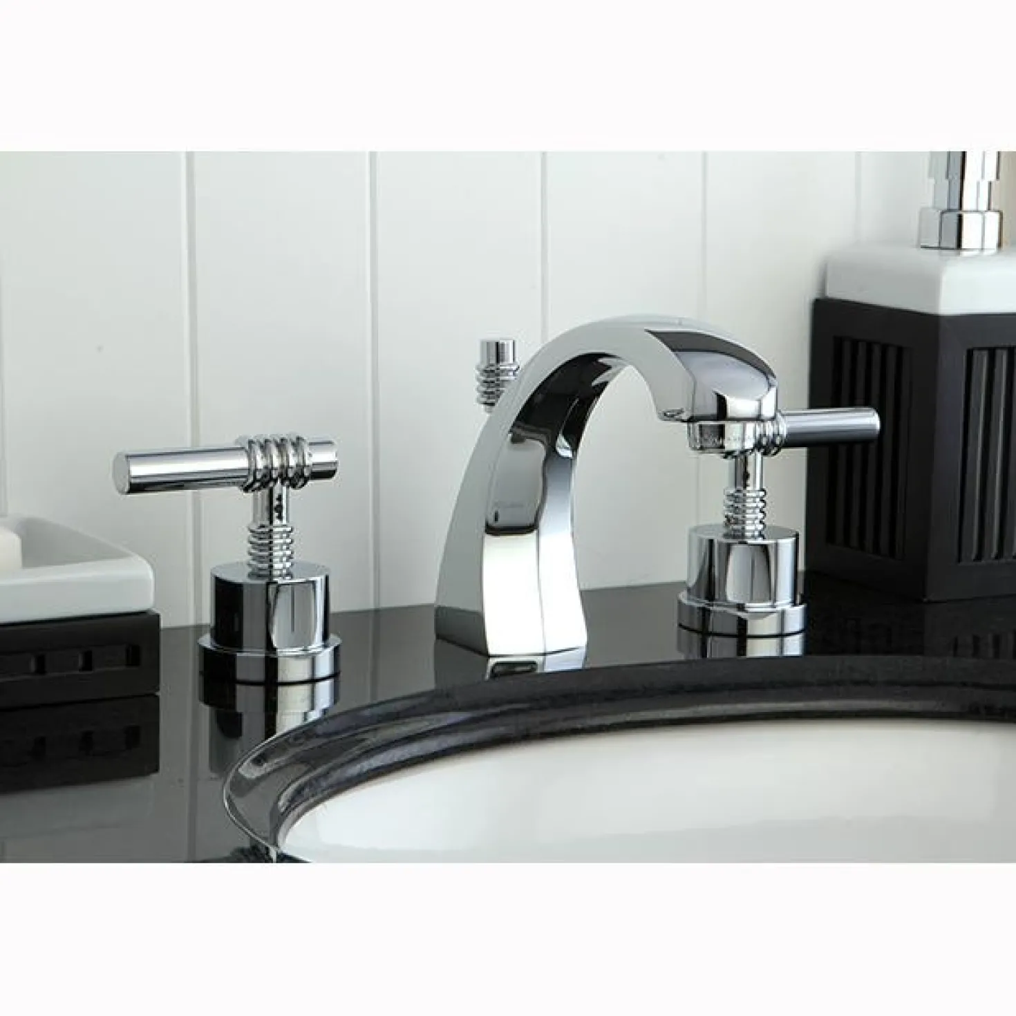 Kingston Brass Milano Two Handle Deck Mount 8" to 16" Widespread Lavatory Faucet with Brass Pop-up