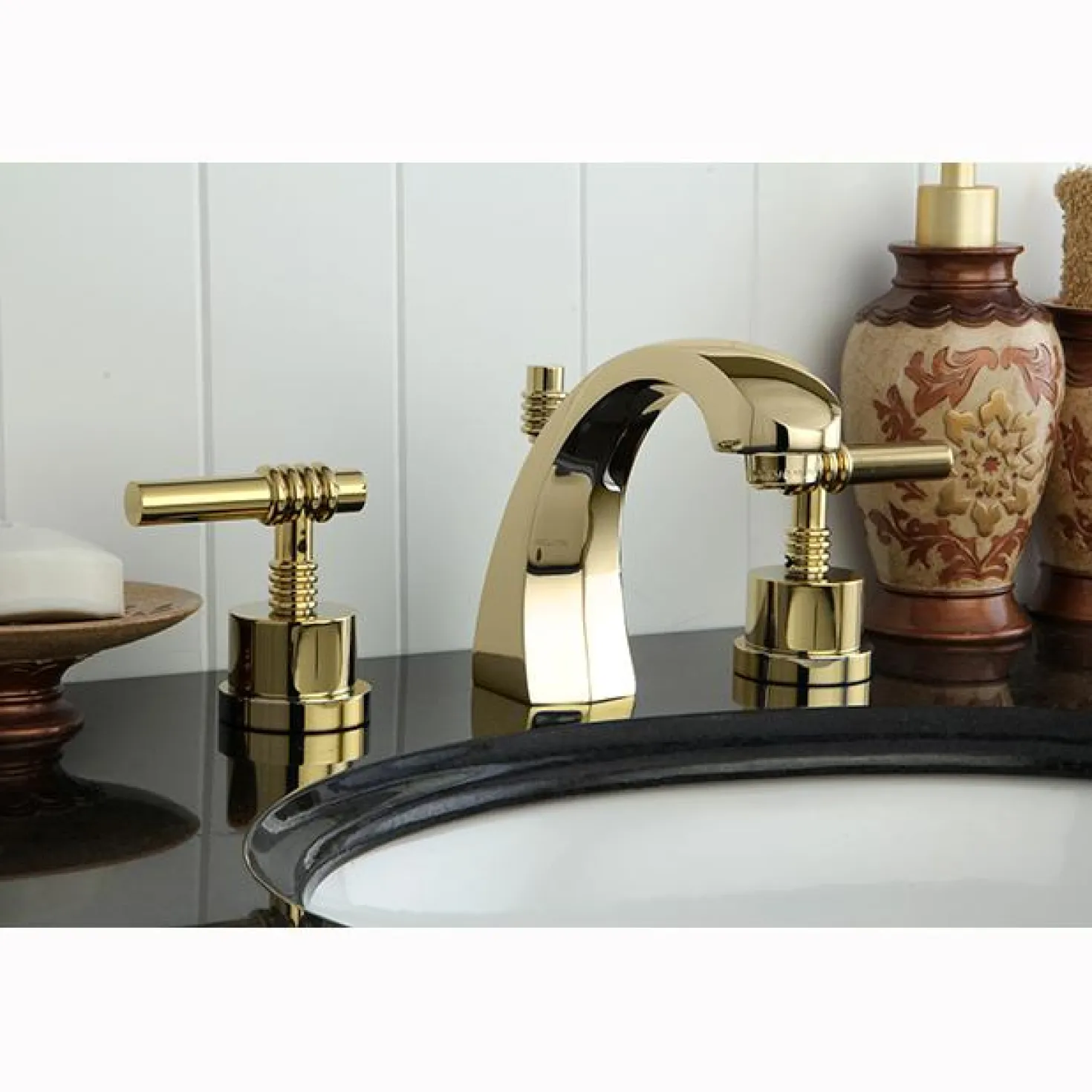 Kingston Brass Milano Two Handle Deck Mount 8" to 16" Widespread Lavatory Faucet with Brass Pop-up
