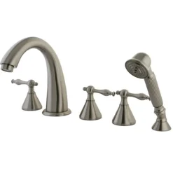 Kingston Brass Naples Three Handle Roman Tub Filler with Hand Shower in Satin Nickel