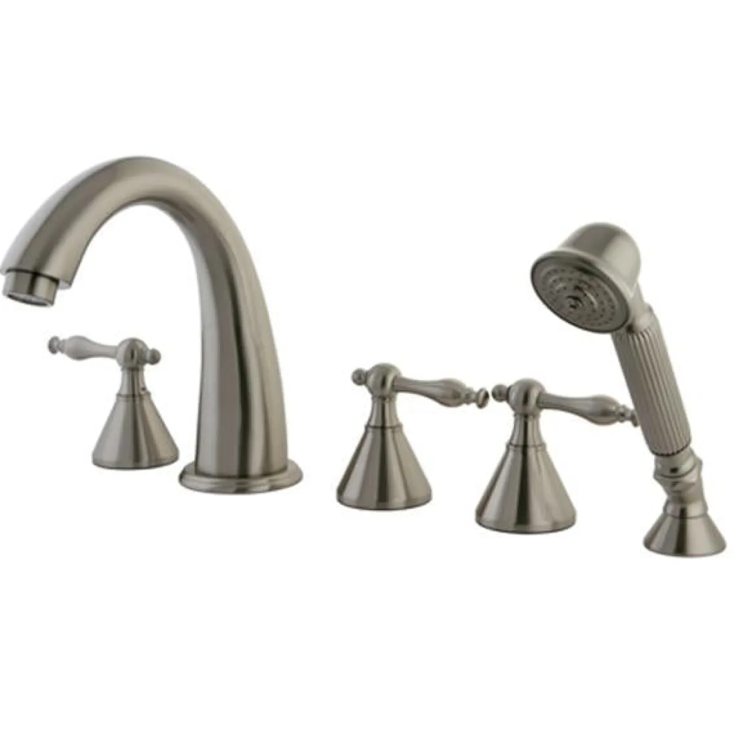 Kingston Brass Naples Three Handle Roman Tub Filler with Hand Shower in Satin Nickel